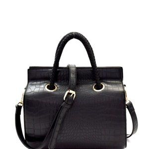 Braided Strap Accented Handbag with faux Crocodile Print